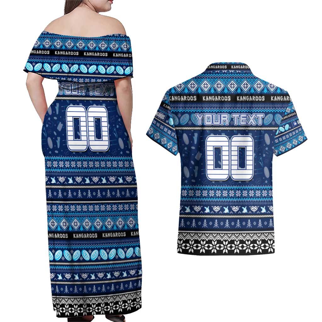 Personalized Kangaroos Rugby Xmas Couples Matching Off Shoulder Maxi Dress and Hawaiian Shirt Australia AFL Mascot