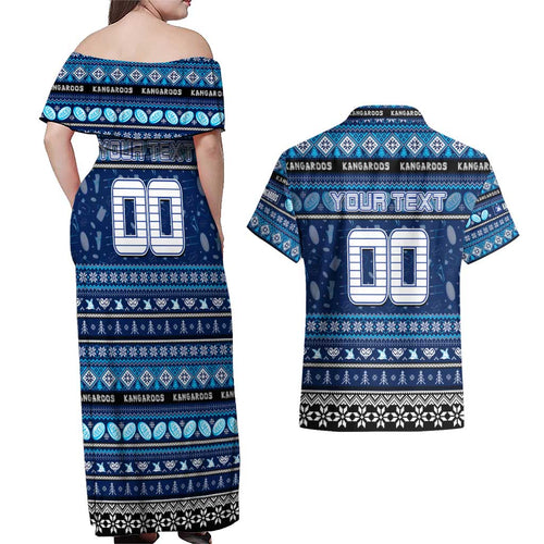 Personalized Kangaroos Rugby Xmas Couples Matching Off Shoulder Maxi Dress and Hawaiian Shirt Australia AFL Mascot