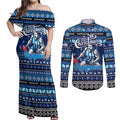 Personalized Kangaroos Rugby Xmas Couples Matching Off Shoulder Maxi Dress and Long Sleeve Button Shirt Australia AFL Mascot