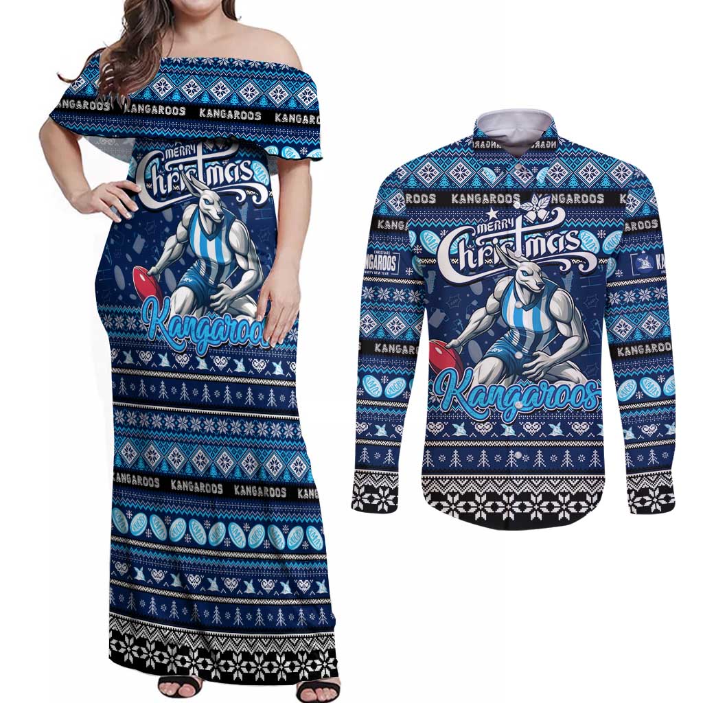 Personalized Kangaroos Rugby Xmas Couples Matching Off Shoulder Maxi Dress and Long Sleeve Button Shirt Australia AFL Mascot