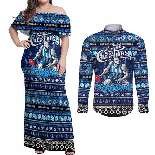 Personalized Kangaroos Rugby Xmas Couples Matching Off Shoulder Maxi Dress and Long Sleeve Button Shirt Australia AFL Mascot