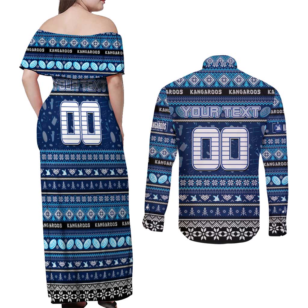 Personalized Kangaroos Rugby Xmas Couples Matching Off Shoulder Maxi Dress and Long Sleeve Button Shirt Australia AFL Mascot