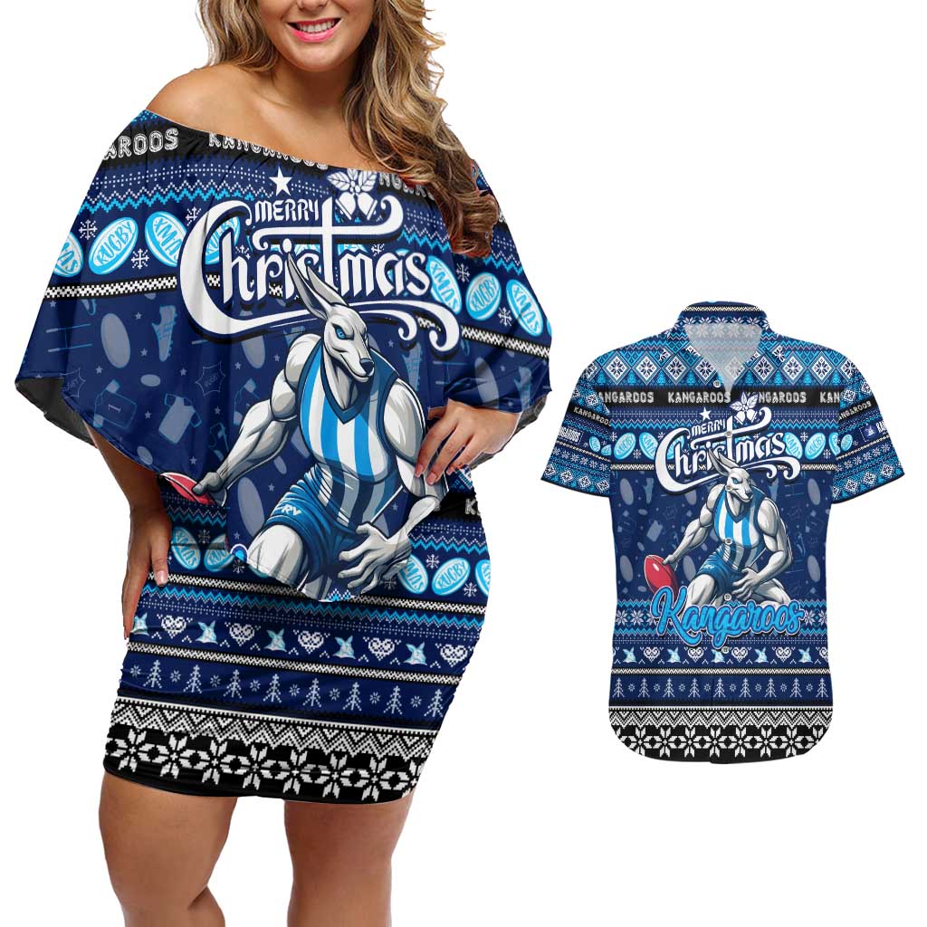 Personalized Kangaroos Rugby Xmas Couples Matching Off Shoulder Short Dress and Hawaiian Shirt Australia AFL Mascot