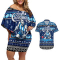 Personalized Kangaroos Rugby Xmas Couples Matching Off Shoulder Short Dress and Hawaiian Shirt Australia AFL Mascot