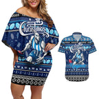 Personalized Kangaroos Rugby Xmas Couples Matching Off Shoulder Short Dress and Hawaiian Shirt Australia AFL Mascot
