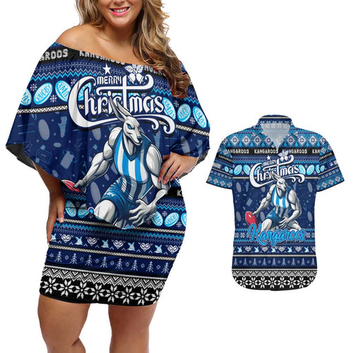 Personalized Kangaroos Rugby Xmas Couples Matching Off Shoulder Short Dress and Hawaiian Shirt Australia AFL Mascot
