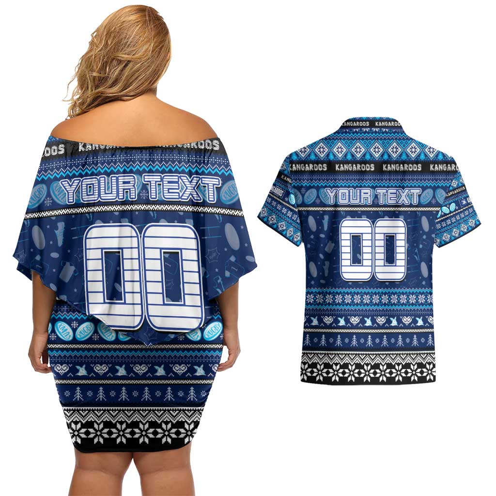 Personalized Kangaroos Rugby Xmas Couples Matching Off Shoulder Short Dress and Hawaiian Shirt Australia AFL Mascot