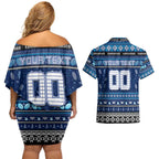 Personalized Kangaroos Rugby Xmas Couples Matching Off Shoulder Short Dress and Hawaiian Shirt Australia AFL Mascot