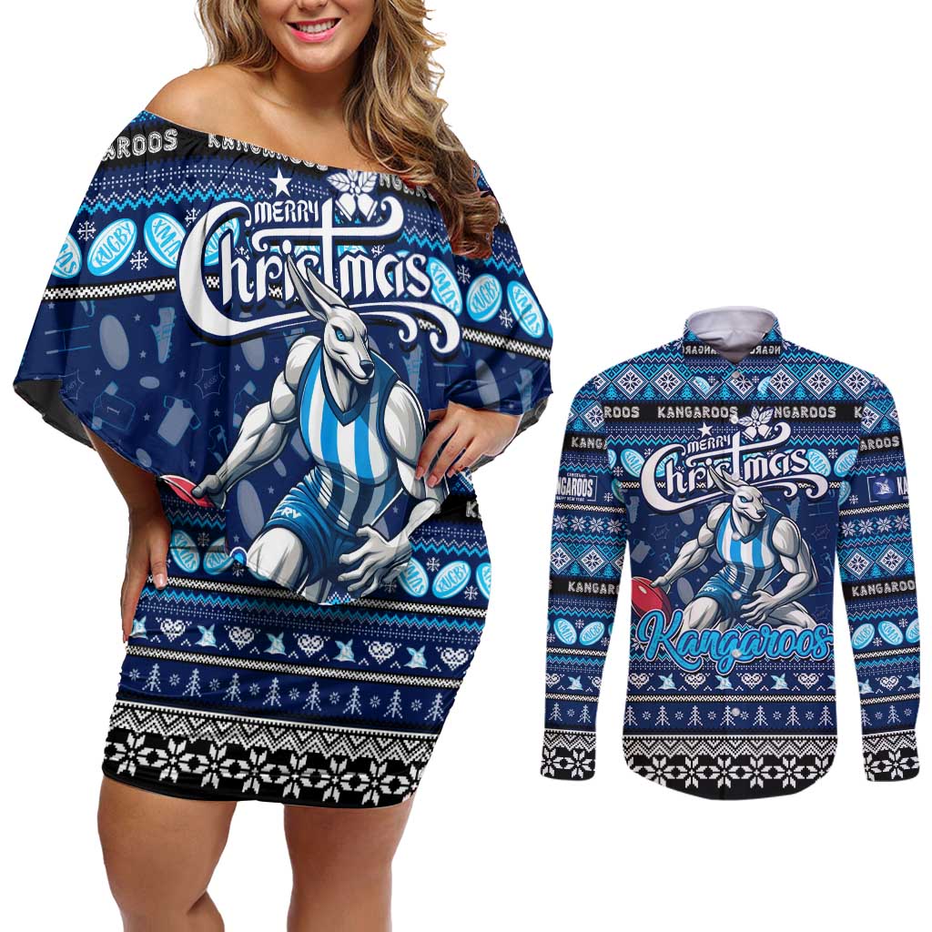 Personalized Kangaroos Rugby Xmas Couples Matching Off Shoulder Short Dress and Long Sleeve Button Shirt Australia AFL Mascot