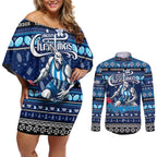 Personalized Kangaroos Rugby Xmas Couples Matching Off Shoulder Short Dress and Long Sleeve Button Shirt Australia AFL Mascot