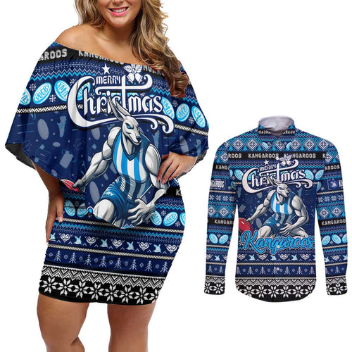 Personalized Kangaroos Rugby Xmas Couples Matching Off Shoulder Short Dress and Long Sleeve Button Shirt Australia AFL Mascot
