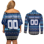 Personalized Kangaroos Rugby Xmas Couples Matching Off Shoulder Short Dress and Long Sleeve Button Shirt Australia AFL Mascot