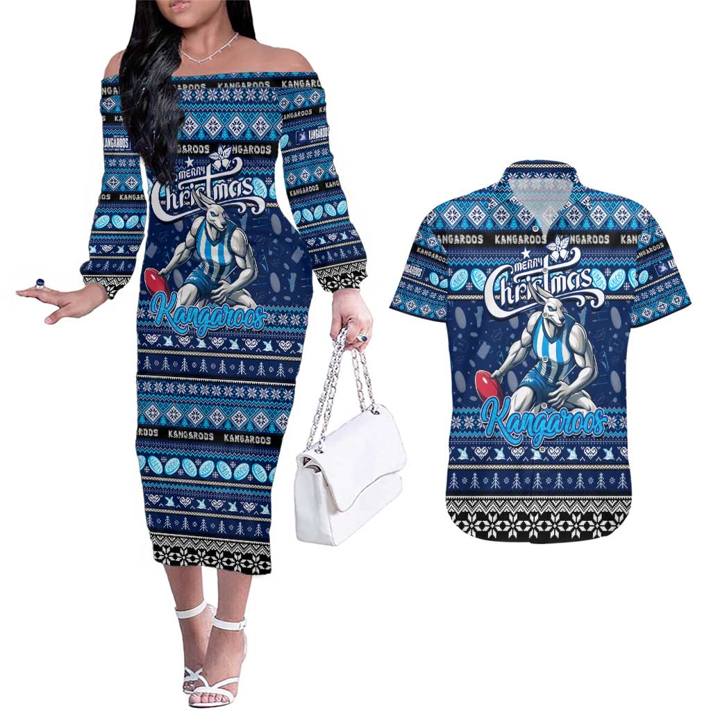 Personalized Kangaroos Rugby Xmas Couples Matching Off The Shoulder Long Sleeve Dress and Hawaiian Shirt Australia AFL Mascot
