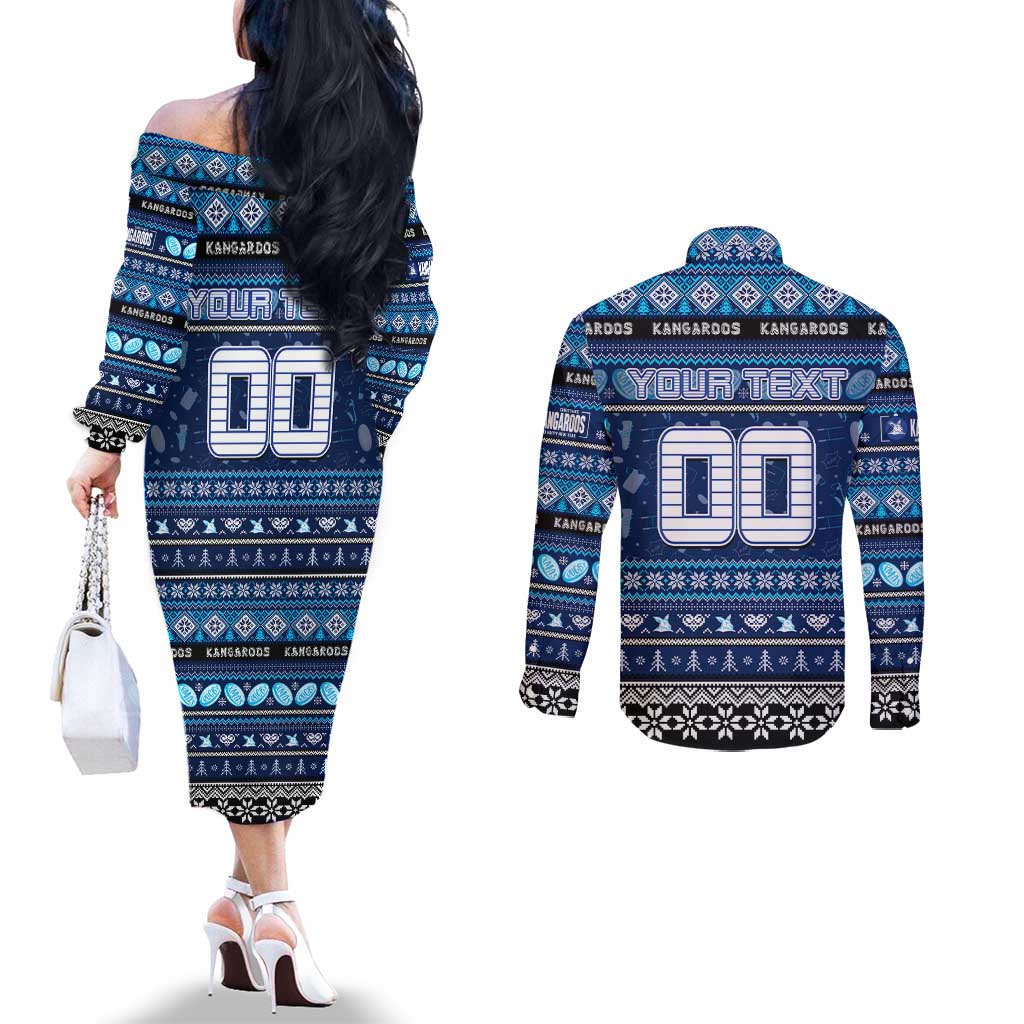 Personalized Kangaroos Rugby Xmas Couples Matching Off The Shoulder Long Sleeve Dress and Long Sleeve Button Shirt Australia AFL Mascot