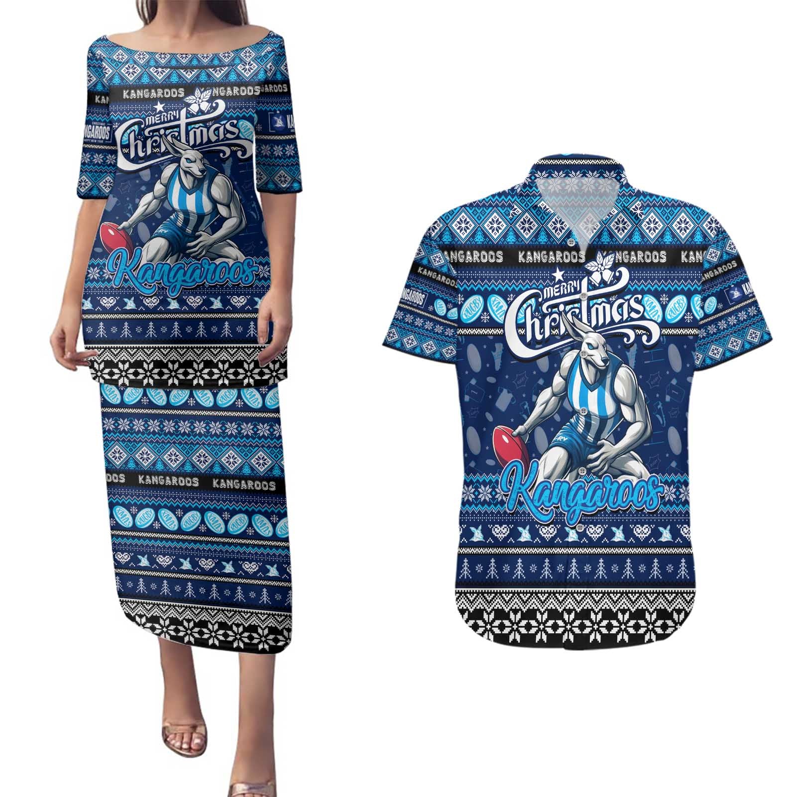 Personalized Kangaroos Rugby Xmas Couples Matching Puletasi and Hawaiian Shirt Australia AFL Mascot