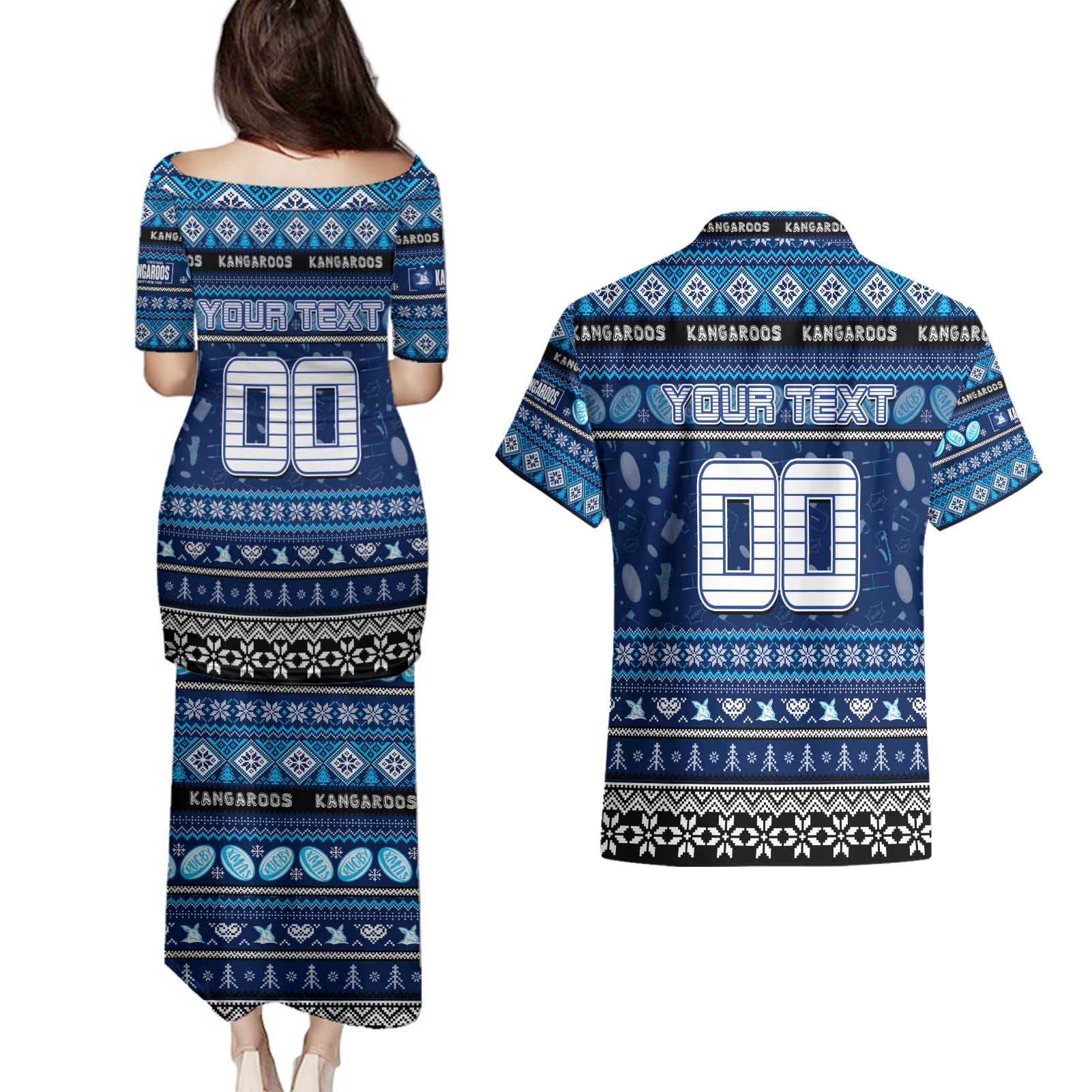 Personalized Kangaroos Rugby Xmas Couples Matching Puletasi and Hawaiian Shirt Australia AFL Mascot