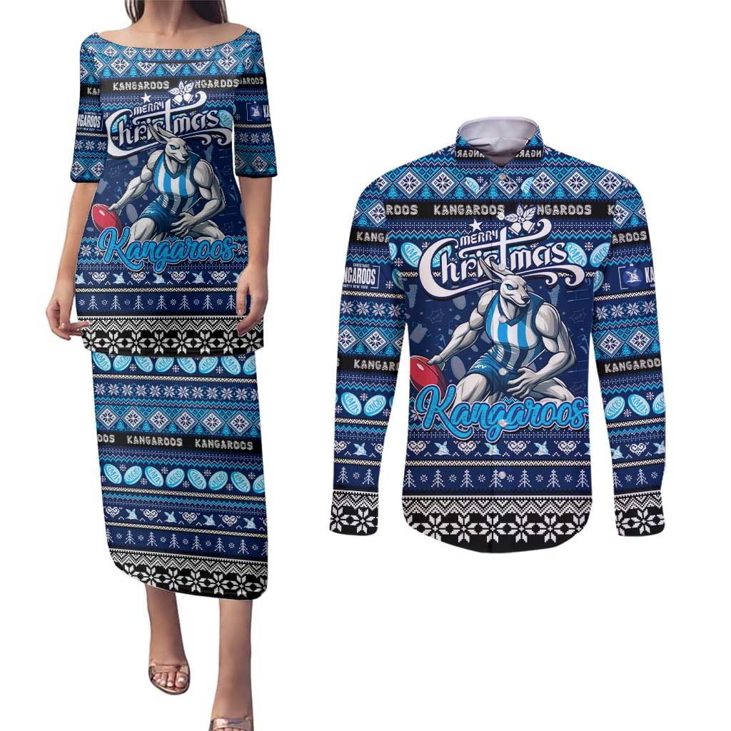 Personalized Kangaroos Rugby Xmas Couples Matching Puletasi and Long Sleeve Button Shirt Australia AFL Mascot