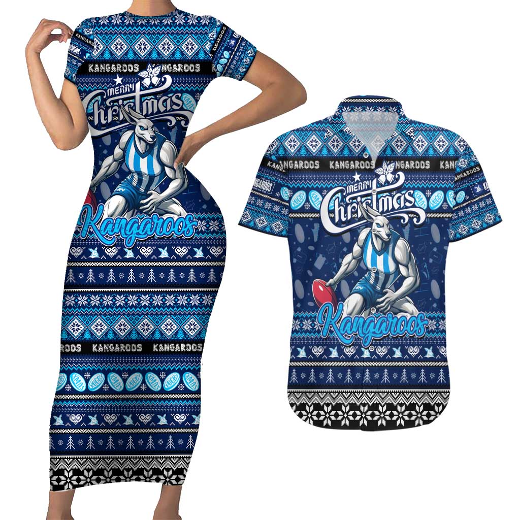 Personalized Kangaroos Rugby Xmas Couples Matching Short Sleeve Bodycon Dress and Hawaiian Shirt Australia AFL Mascot