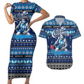 Personalized Kangaroos Rugby Xmas Couples Matching Short Sleeve Bodycon Dress and Hawaiian Shirt Australia AFL Mascot