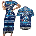 Personalized Kangaroos Rugby Xmas Couples Matching Short Sleeve Bodycon Dress and Hawaiian Shirt Australia AFL Mascot