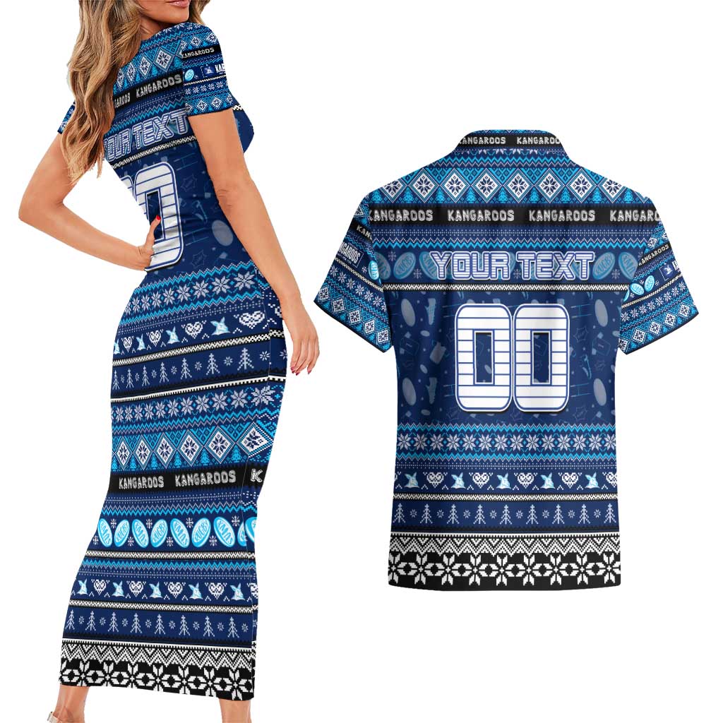 Personalized Kangaroos Rugby Xmas Couples Matching Short Sleeve Bodycon Dress and Hawaiian Shirt Australia AFL Mascot