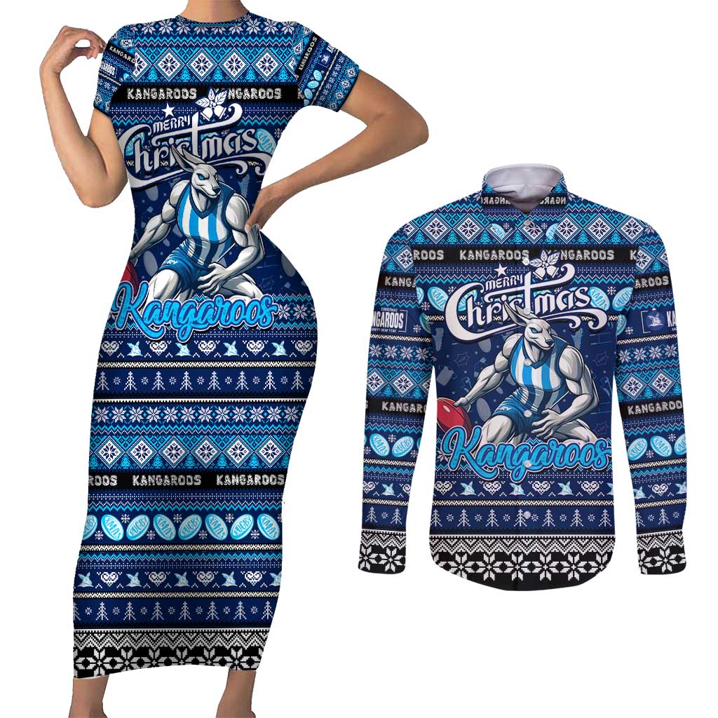 Personalized Kangaroos Rugby Xmas Couples Matching Short Sleeve Bodycon Dress and Long Sleeve Button Shirt Australia AFL Mascot