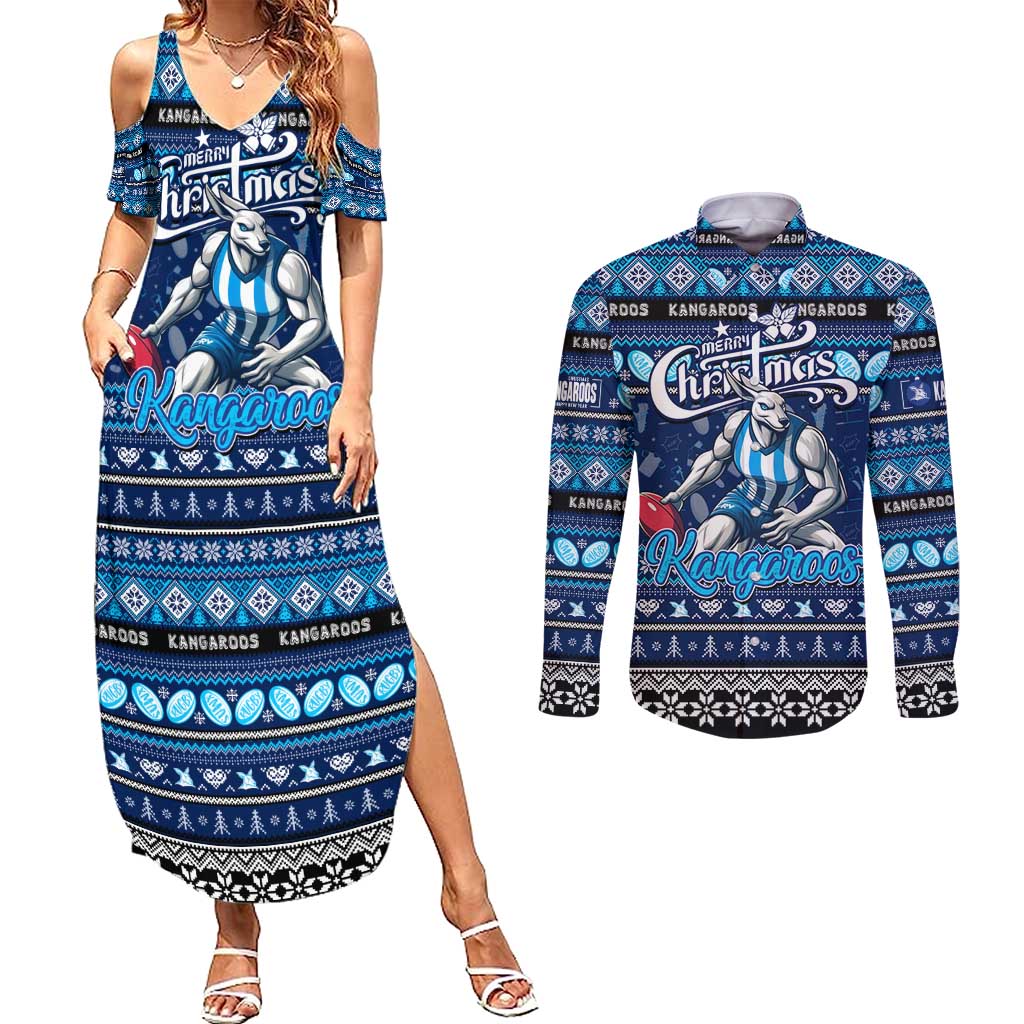 Personalized Kangaroos Rugby Xmas Couples Matching Summer Maxi Dress and Long Sleeve Button Shirt Australia AFL Mascot