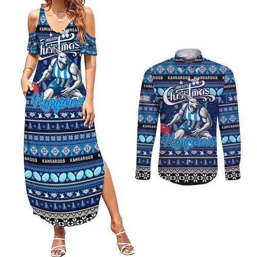Personalized Kangaroos Rugby Xmas Couples Matching Summer Maxi Dress and Long Sleeve Button Shirt Australia AFL Mascot