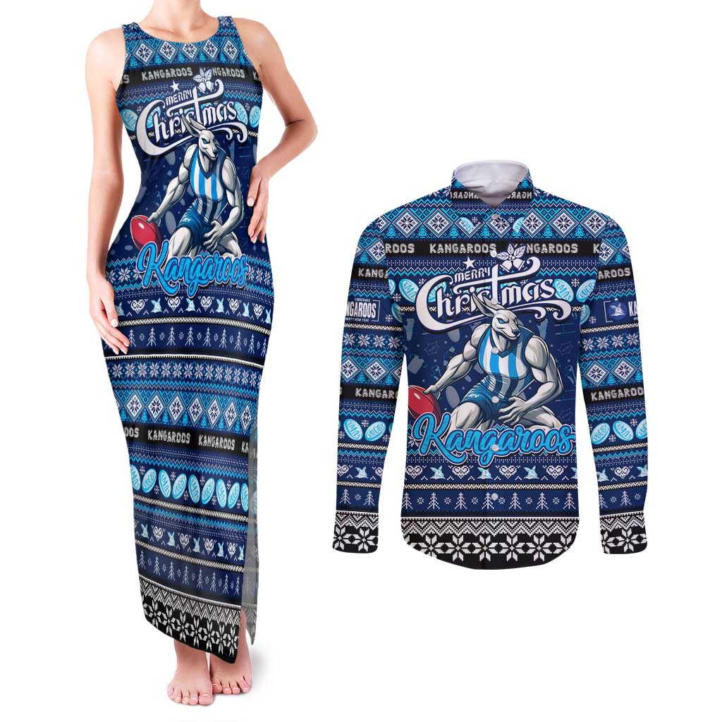 Personalized Kangaroos Rugby Xmas Couples Matching Tank Maxi Dress and Long Sleeve Button Shirt Australia AFL Mascot