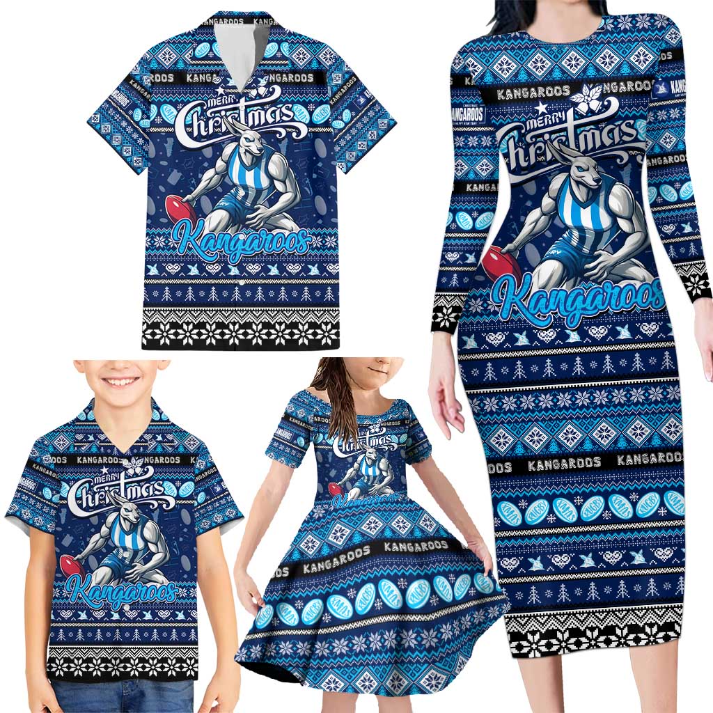 Personalized Kangaroos Rugby Xmas Family Matching Long Sleeve Bodycon Dress and Hawaiian Shirt Australia AFL Mascot