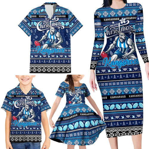 Personalized Kangaroos Rugby Xmas Family Matching Long Sleeve Bodycon Dress and Hawaiian Shirt Australia AFL Mascot