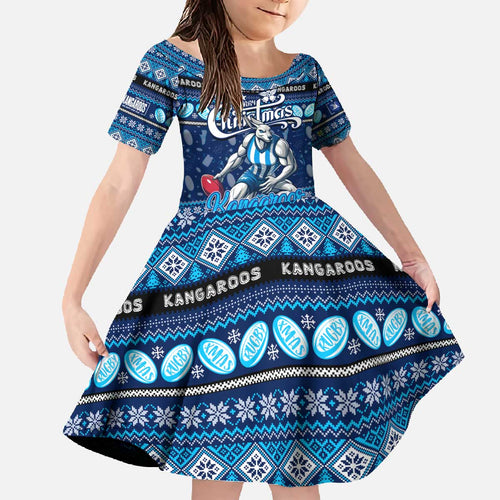 Personalized Kangaroos Rugby Xmas Family Matching Off The Shoulder Long Sleeve Dress and Hawaiian Shirt Australia AFL Mascot