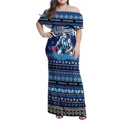 Personalized Kangaroos Rugby Xmas Family Matching Off Shoulder Maxi Dress and Hawaiian Shirt Australia AFL Mascot