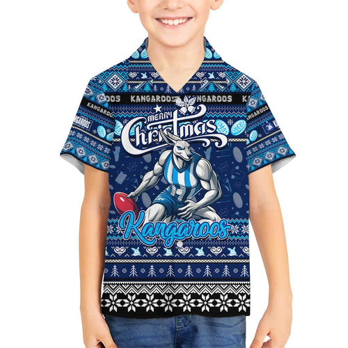 Personalized Kangaroos Rugby Xmas Family Matching Off Shoulder Short Dress and Hawaiian Shirt Australia AFL Mascot