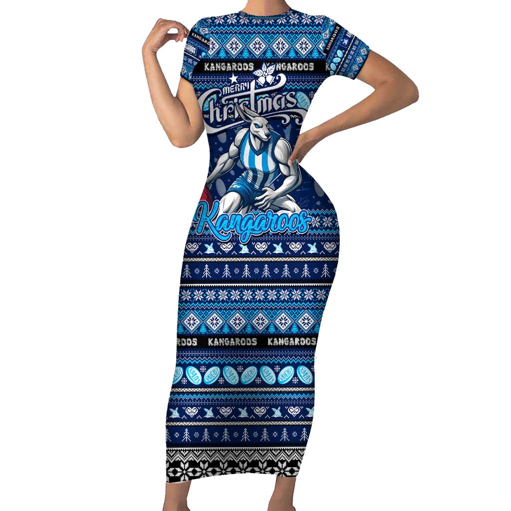 Personalized Kangaroos Rugby Xmas Family Matching Short Sleeve Bodycon Dress and Hawaiian Shirt Australia AFL Mascot