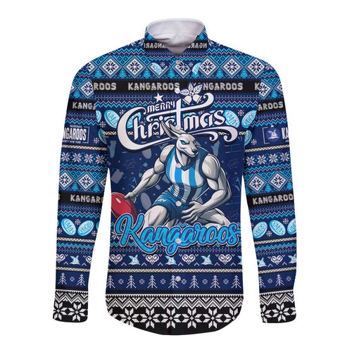Personalized Kangaroos Rugby Xmas Long Sleeve Button Shirt Australia AFL Mascot