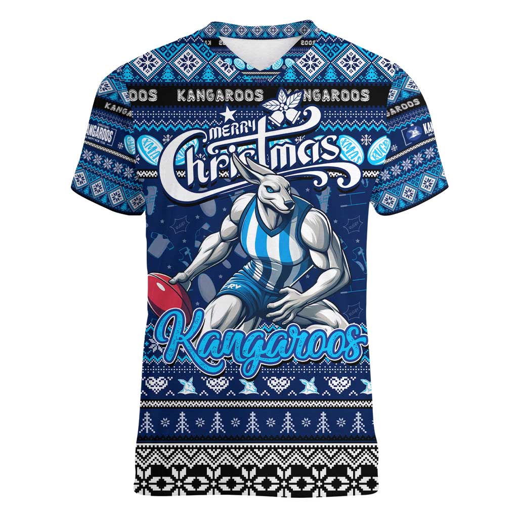 Personalized Kangaroos Rugby Xmas Women V-Neck T-Shirt Australia AFL Mascot