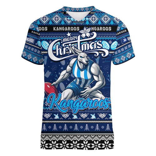 Personalized Kangaroos Rugby Xmas Women V-Neck T-Shirt Australia AFL Mascot