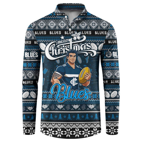Personalized Blues Rugby Xmas Button Sweatshirt Australia AFL Mascot