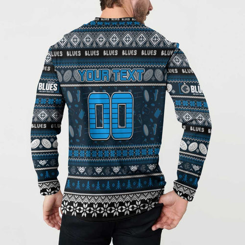 Personalized Blues Rugby Xmas Button Sweatshirt Australia AFL Mascot