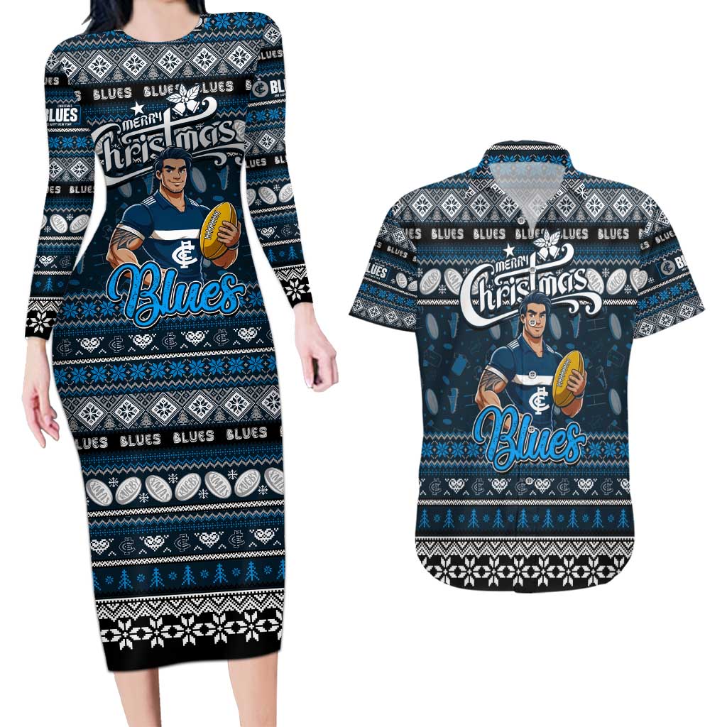 Personalized Blues Rugby Xmas Couples Matching Long Sleeve Bodycon Dress and Hawaiian Shirt Australia AFL Mascot