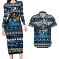 Personalized Blues Rugby Xmas Couples Matching Long Sleeve Bodycon Dress and Hawaiian Shirt Australia AFL Mascot