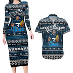 Personalized Blues Rugby Xmas Couples Matching Long Sleeve Bodycon Dress and Hawaiian Shirt Australia AFL Mascot