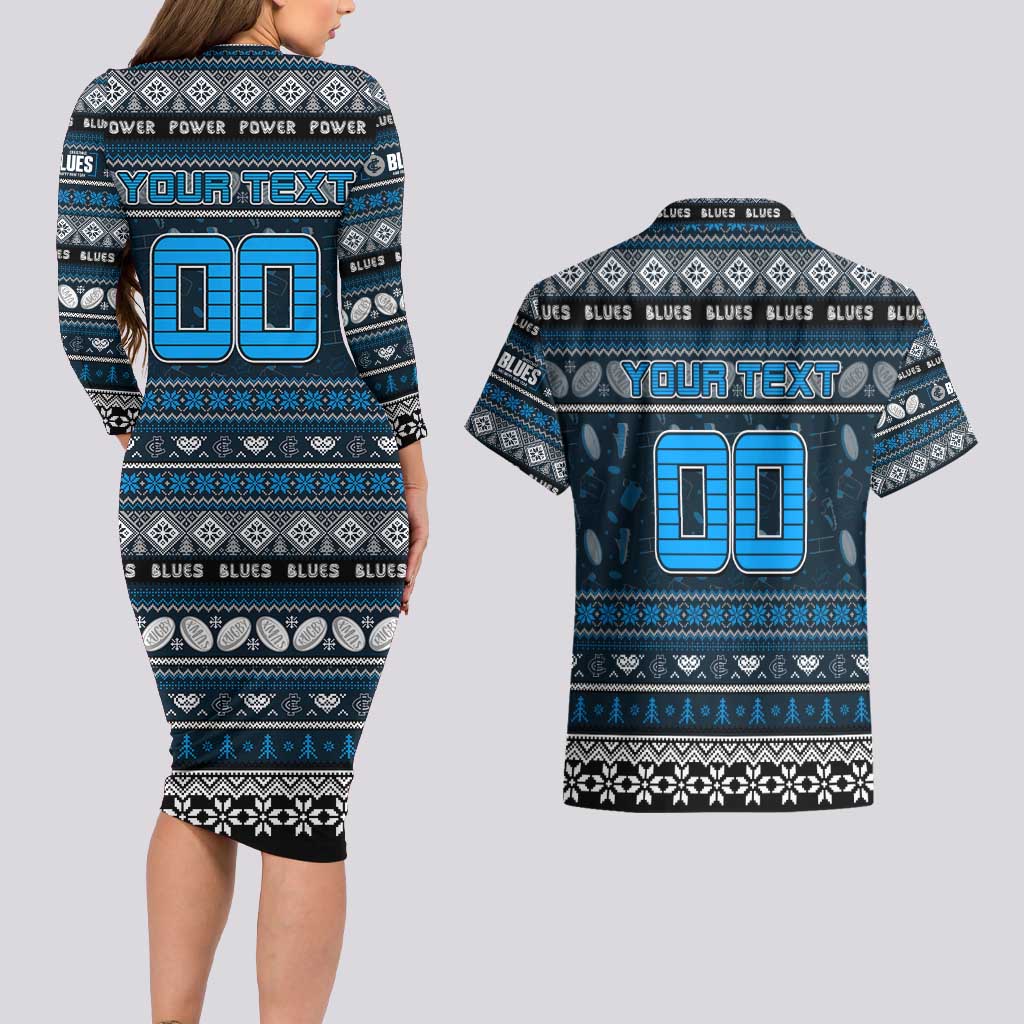 Personalized Blues Rugby Xmas Couples Matching Long Sleeve Bodycon Dress and Hawaiian Shirt Australia AFL Mascot
