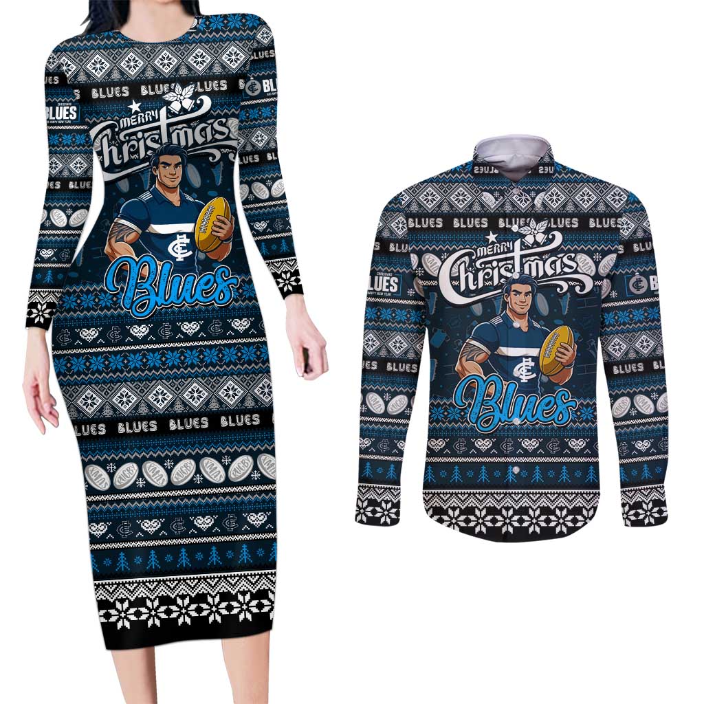 Personalized Blues Rugby Xmas Couples Matching Long Sleeve Bodycon Dress and Long Sleeve Button Shirt Australia AFL Mascot