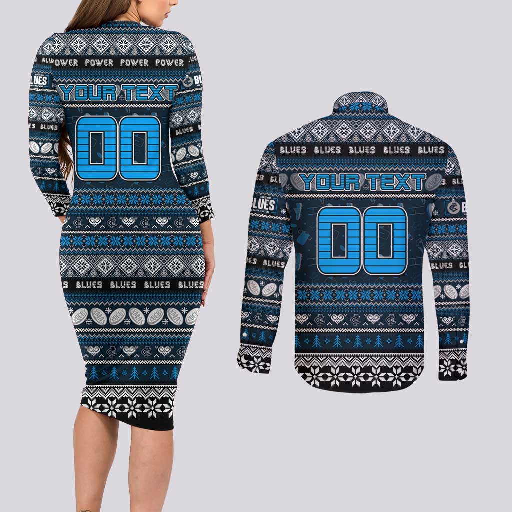 Personalized Blues Rugby Xmas Couples Matching Long Sleeve Bodycon Dress and Long Sleeve Button Shirt Australia AFL Mascot