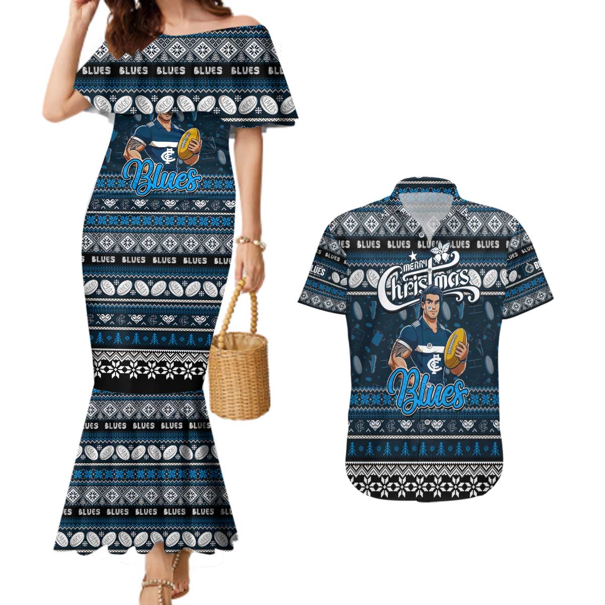 Personalized Blues Rugby Xmas Couples Matching Mermaid Dress and Hawaiian Shirt Australia AFL Mascot