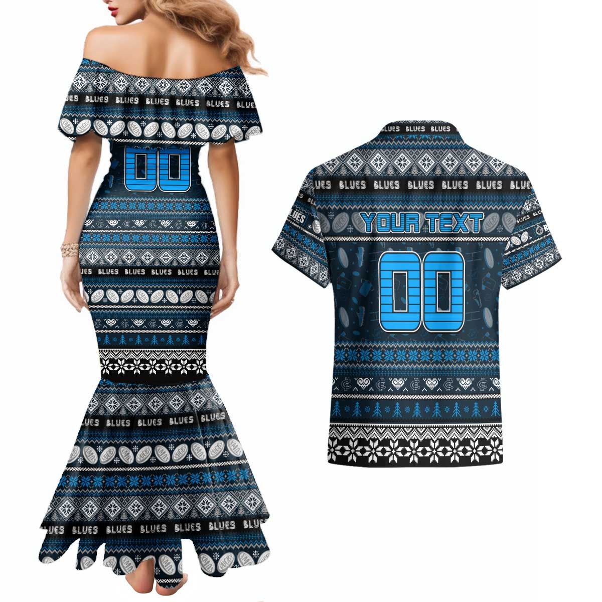 Personalized Blues Rugby Xmas Couples Matching Mermaid Dress and Hawaiian Shirt Australia AFL Mascot