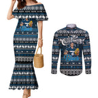 Personalized Blues Rugby Xmas Couples Matching Mermaid Dress and Long Sleeve Button Shirt Australia AFL Mascot