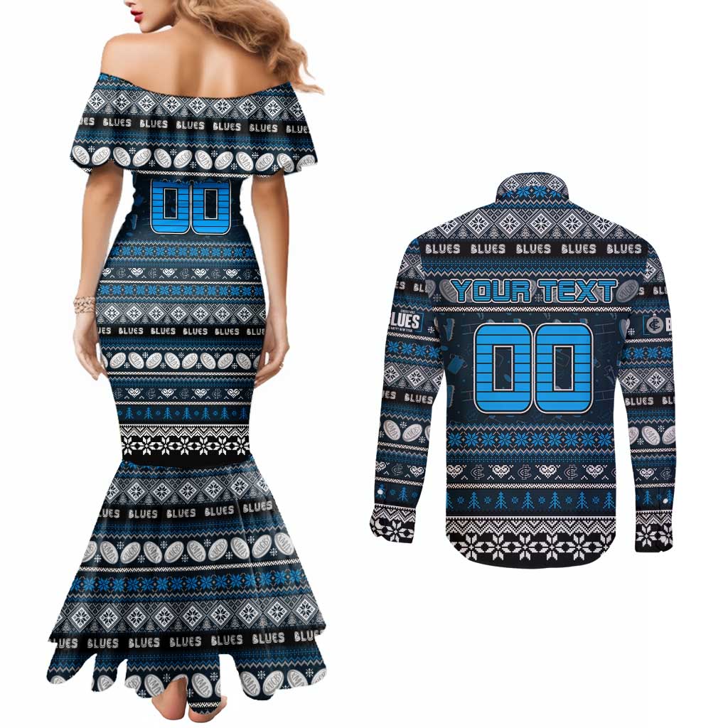 Personalized Blues Rugby Xmas Couples Matching Mermaid Dress and Long Sleeve Button Shirt Australia AFL Mascot